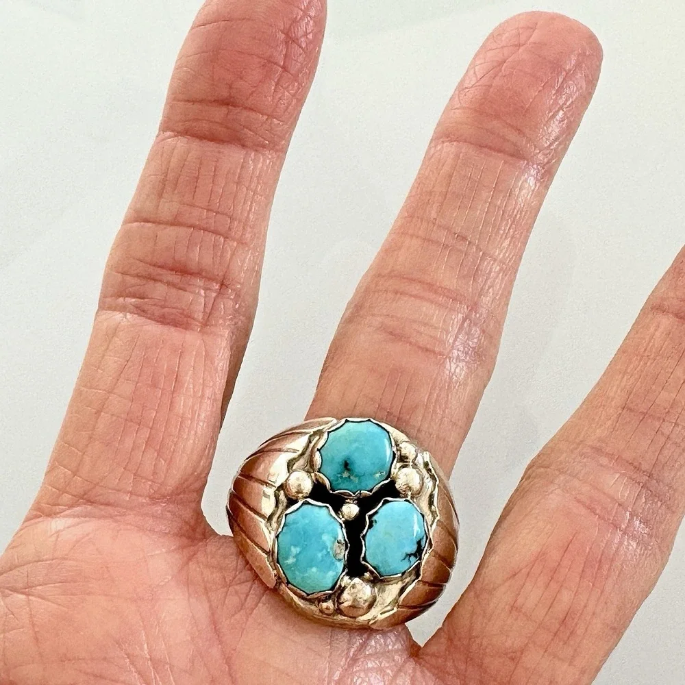 Navajo Three Stone Turquoise Ring Sz 13.5 Signed Spencer Fans 22mm Band Mens
